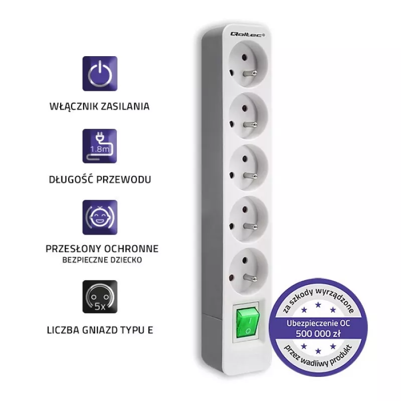 Power Extension Qoltec 50290 1.8m 5 AC Outlets Indoor White