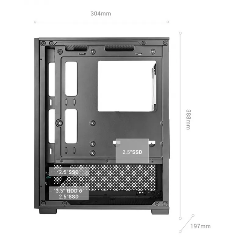 Mini Tower PC case TACENS Mars Gaming MC-SE2 — Mini-ITX / Micro-ATX, black, side window, bottom PSU, supports 2x2.5 inch + 1x3.5 inch