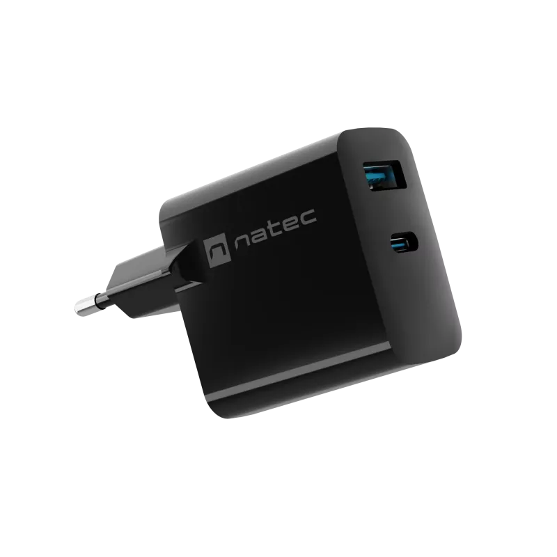 Wired Mobile Device Charger NATEC NUC-2145, 65W, USB-C PD 3.0 + QC 3.0, 1x USB-C, 1x USB-A, 110–240V, Black