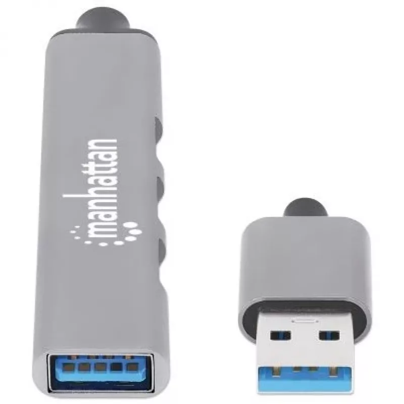 Manhattan USB-A 4-Port Hub, 4x USB-A Ports (1x 5 Gbps USB 3.2 Gen1 aka USB 3.0, 3 x 480 Mbps USB 2.0), USB powered (no external power supply required), Aluminium