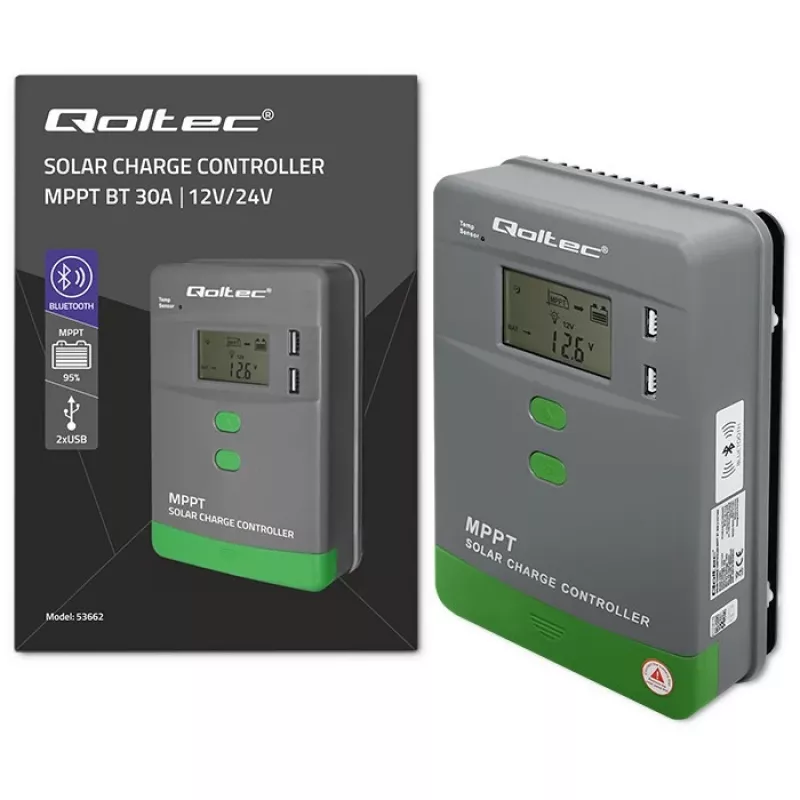 MPPT Solar Charge Controller QOLTEC 53662 with Temperature Sensor