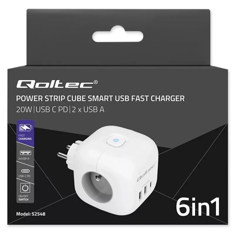 Power strip QOLTEC 52548 with 3×AC sockets and USB port
