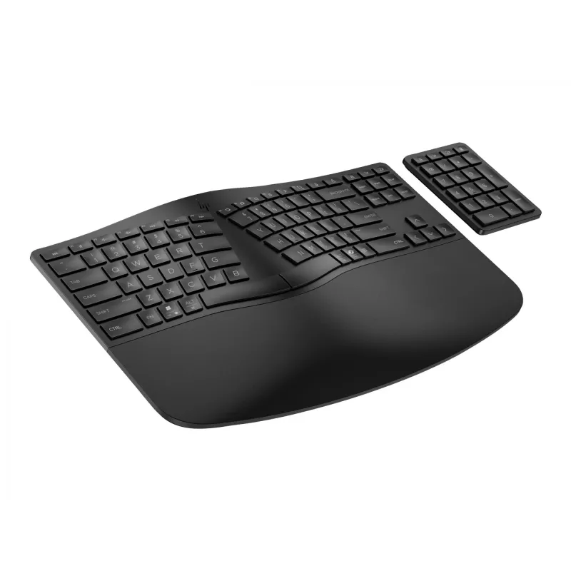 HP 960 Ergonomic Wireless Keyboard, Full-size (100%), Wireless, RF Wireless + Bluetooth, Membrane, Black