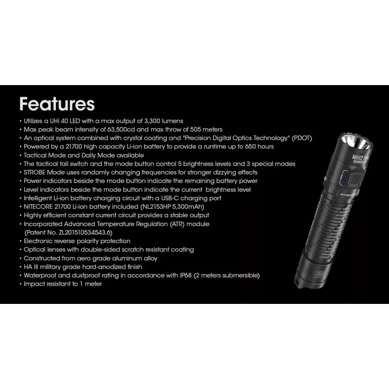 Hand flashlight Nitecore MH12 Pro Black LED 3300 lm USB-rechargeable 5300 mAh, aluminum, 138.5 mm, 81.5 g, waterproof 2 m