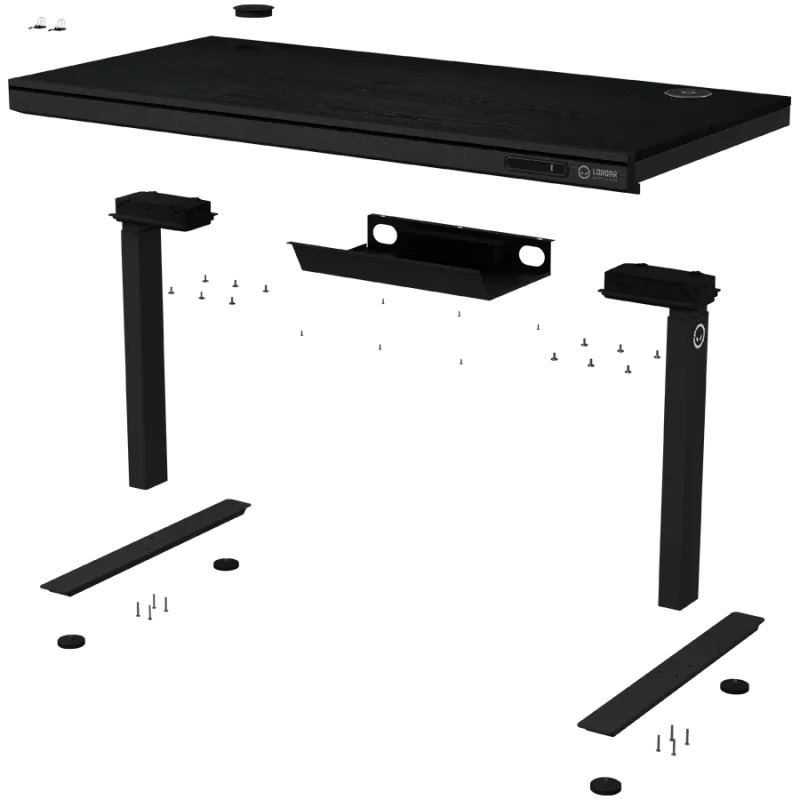 Dual-motor sit/stand adjustable-height gaming desk with wireless charger, RGB lighting, control panel, and USB ports, PB melamine surface tabletop, black.