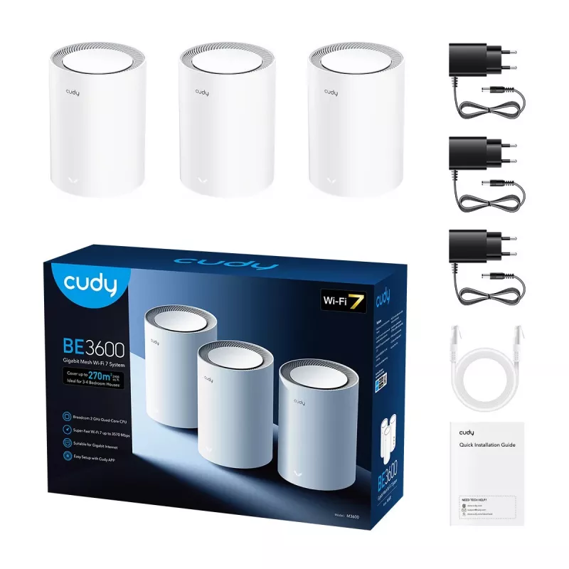 Mesh system Cudy M3600 Wi‑Fi 7 dual‑band (2.4/5 GHz), 3-pack, 2882/688 Mbps, 3x LAN, internal antennas
