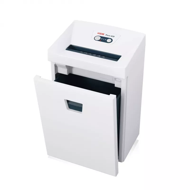Shredder HSM Pure 420 — particle-cut P-4, 24 cm working width, 15-sheet capacity, 35 L bin, white