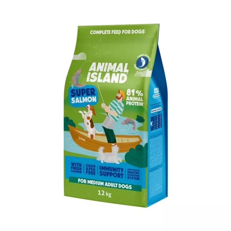 Dry dog food Animal Island Adult Medium Salmon 12 kg — complete kibble for medium breeds, 32% protein, 16% fat, grain-free