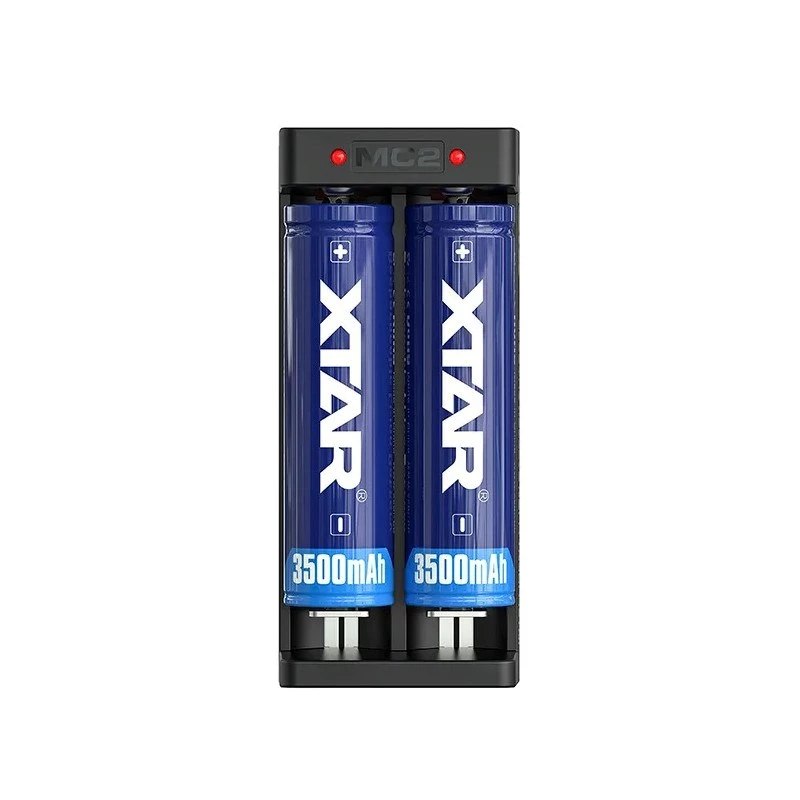 XTAR dual-slot Li-ion battery charger for 18650 cells, USB-C input, 2 slots, black, LED indicators