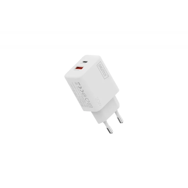 AC USB Charger DIGITUS 20W, 1x USB-C, 1x USB-A, Input 100–240V, White