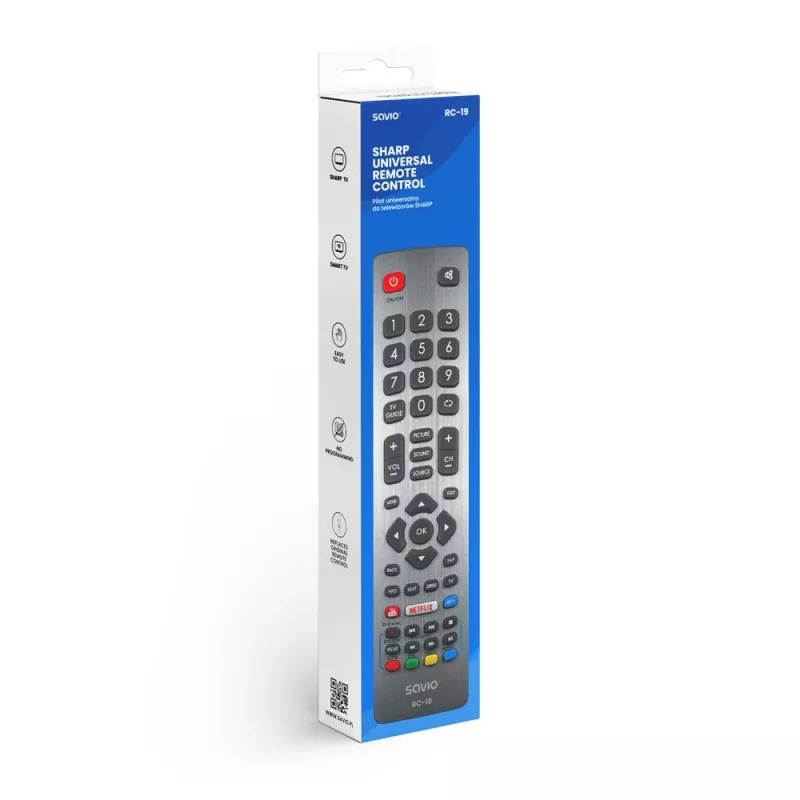 Universal remote control SAVIO RC-19 for Sharp, 47 buttons, grey, 10 m range, plastic housing