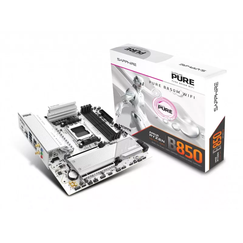 Motherboard Sapphire PURE B850M WIFI Micro ATX — AMD B850, Socket AM5, DDR5 up to 8000 MHz, 4 DIMM, Wi‑Fi 6, 2.5Gb LAN, 2× M.2, PCIe 5.0 x16