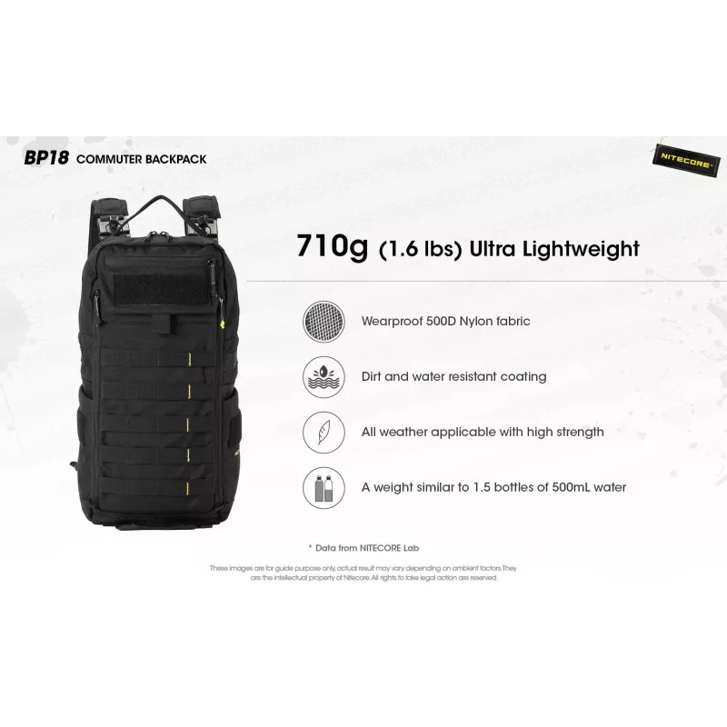 Travel backpack Nitecore BP18 — black nylon/polyester, 240×160×470 mm