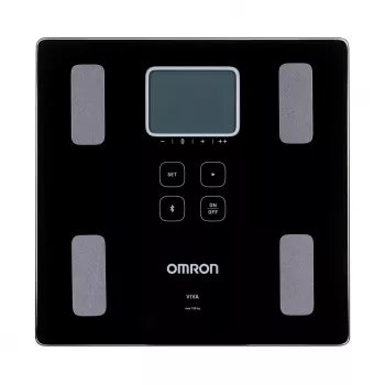 Electronic personal scale Omron VIVA — square, black, max 150 kg, 100 g accuracy, body fat/BMI/BMR, 30-user memory
