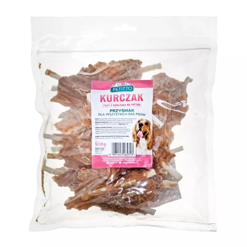 Dog treats PETITTO Chicken fillet on a stick 500 g — poultry dietary snack, 500 g plastic pack