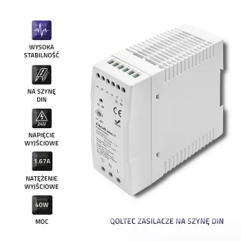 Qoltec Din Rail Power Supply | 40W | 24V | 1.67A | White | Slim
