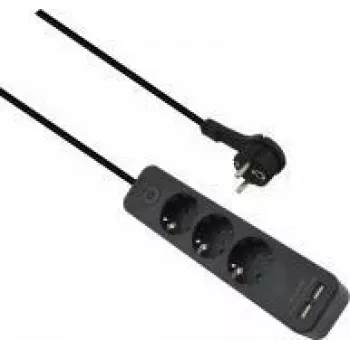 Power strip helos ADVANCED 3-way with USB charger, black, 1.5 m cable
