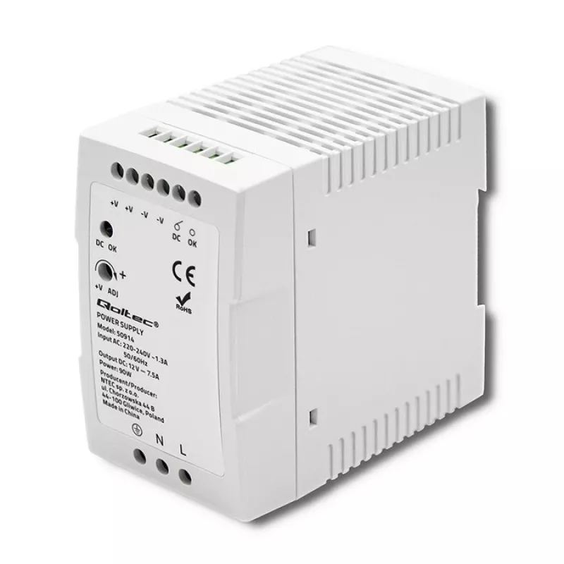 Qoltec 50914 DIN rail power supply | 90W | 12V | 7.5A | White | Slim