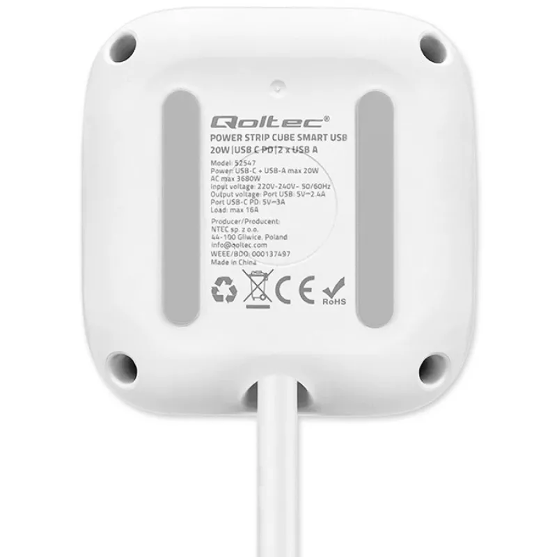 Power Cube QOLTEC 52547 power strip 3×AC sockets, 2×USB-A, 1×USB-C PD 20W