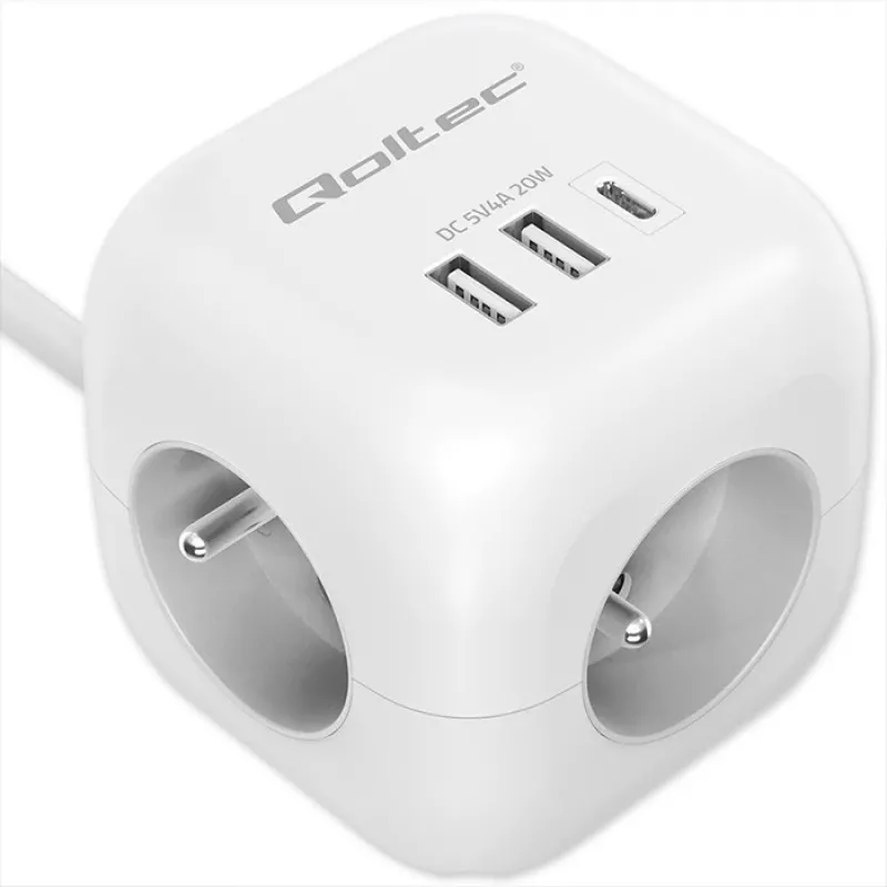 Power Cube QOLTEC 52547 power strip 3×AC sockets, 2×USB-A, 1×USB-C PD 20W