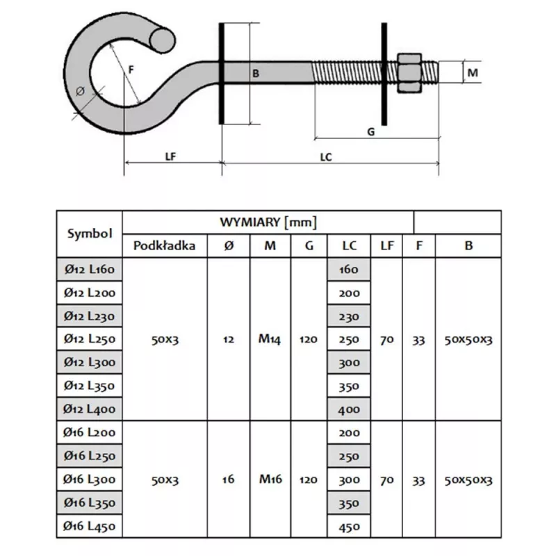 Extralink Hook Bolt for Hanging Tensioning Brackets 12/400mm