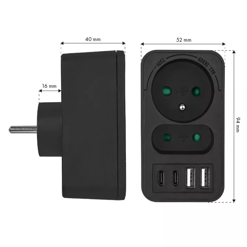 Power splitter MACLEAN MCE249 F/B — 2 AC sockets (16A + 6A) with 2×USB-A and 2×USB-C PD 20W, EU plug, black