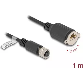 Network Cable DeLOCK M12 Cable D-coded 4 pin female to RJ45 jack Cat5e 1m Black