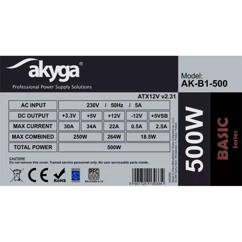 Power supply unit Akyga AK-B1-500, 500 W, ATX 2.31, 20+4 pin, 120 mm fan, non-modular
