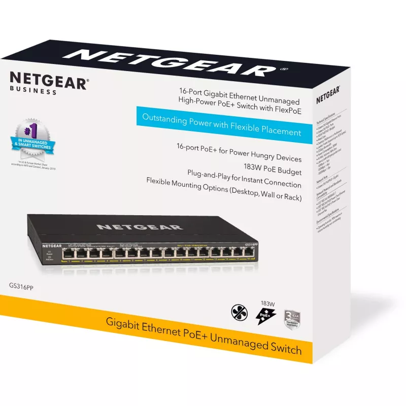 NETGEAR GS316PP Unmanaged Gigabit Ethernet (10/100/1000) Power over Ethernet (PoE) Black