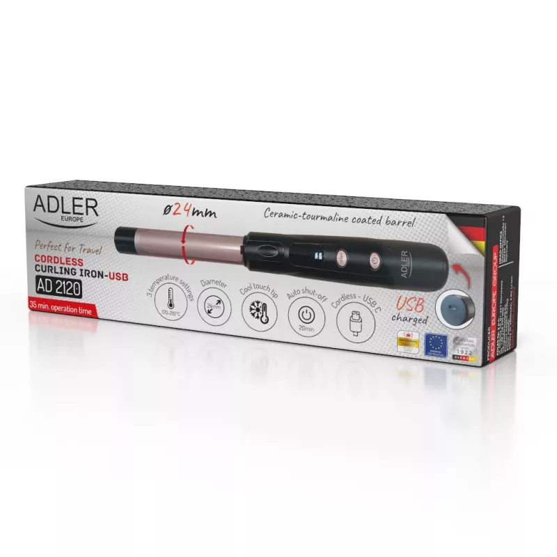 Cordless curling iron Adler AD 2120 — 2.4 cm ceramic-tourmaline barrel, LED display, up to 170–210 °C, rechargeable 2×2600 mAh