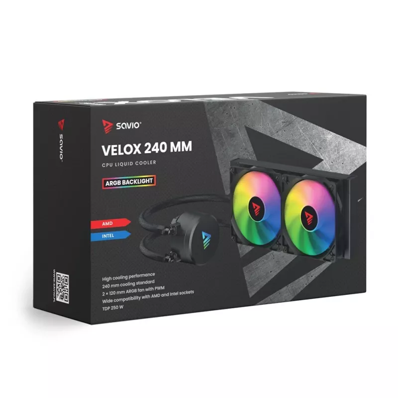 Liquid cooling kit SAVIO VELOX 240 mm Black — 240 mm radiator, 205×450 mm, 2 fans, TDP 250 W