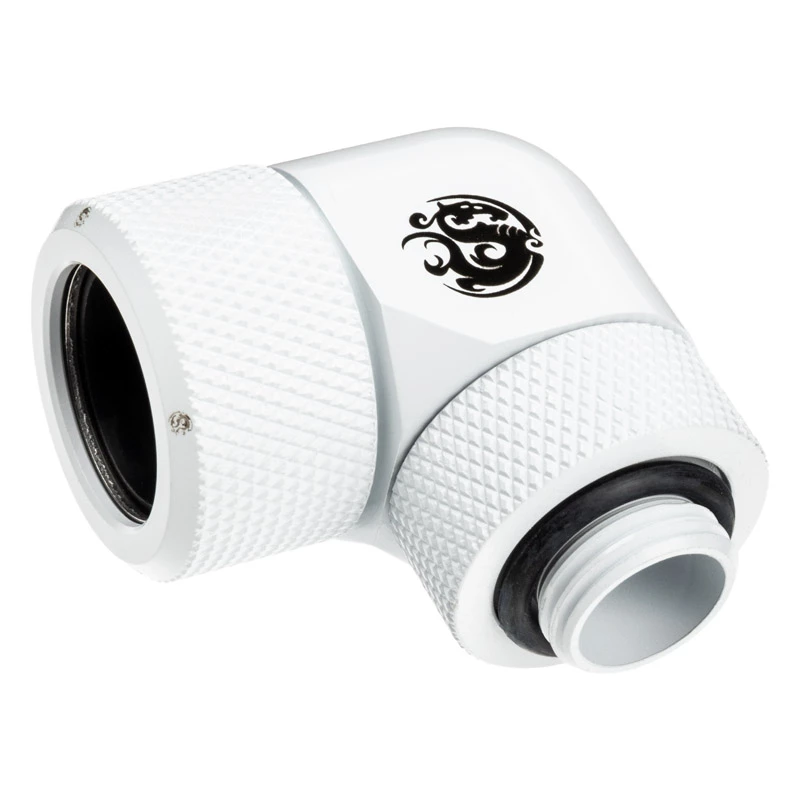 Fitting BitsPower BP-DWE90RMLA16 — brass 90° angled computer cooling fitting, diameter 1.6 cm, white