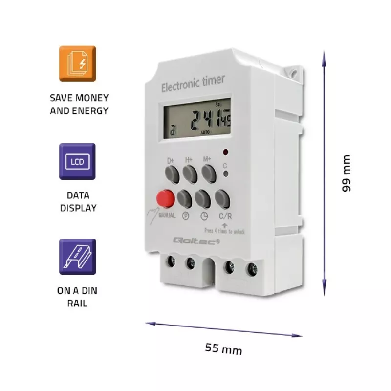 DIN-rail electronic timer QOLTEC PC0629 — 24V supply, 16A output
