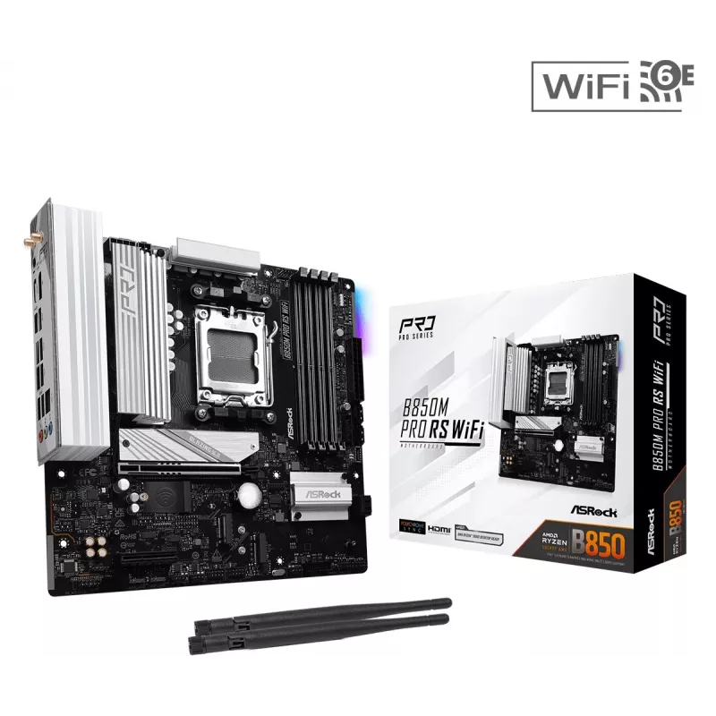 Motherboard ASRock B850M Pro RS WiFi — AMD B850, Socket AM5, microATX, DDR5, 4 DIMM, 256GB, Wi‑Fi 6E, 2.5Gb LAN, 3x M.2