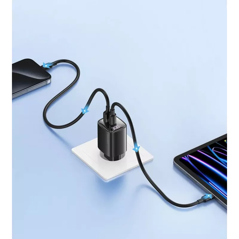USB and USB-C 30W GaN Fast Charger usams CC229 White — LED indicator, compact design