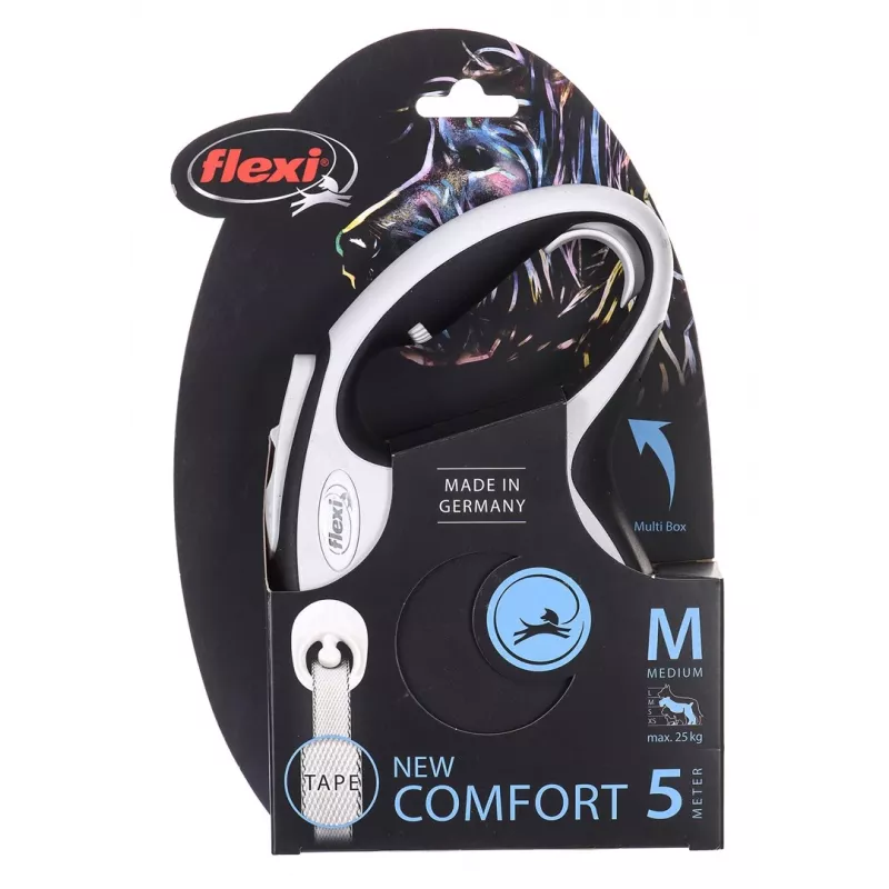 Retractable lead Flexi New Comfort M Tape 5 m Black — retractable tape leash, size M, max load 25 kg, weight 300 g
