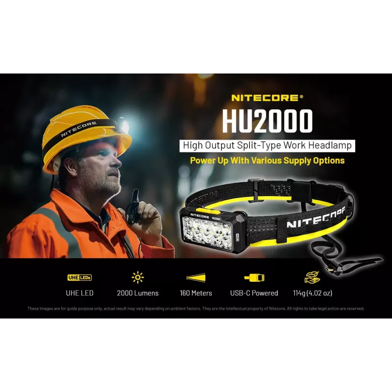 Headband flashlight Nitecore HU2000, 10 LEDs, USB-rechargeable lithium-ion, aluminum+polycarbonate, IP68 waterproof