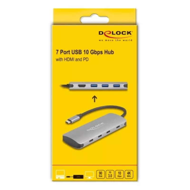 USB-C hub DELOCK 64323 — USB 3.2 Gen 2 Type-C host, HDMI + 2× USB-A + 2× USB-C, 10 Gbit/s, grey