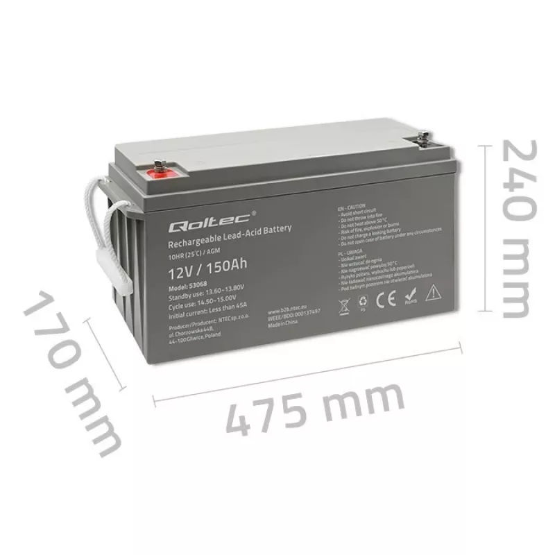 Qoltec 53068 AGM battery | 12V | 150Ah | max. 2250A