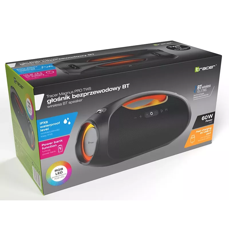 Stereo portable speaker TRACER TRAGLO47226 — wireless Bluetooth 5.3, 60 W RMS, 12 h battery, black
