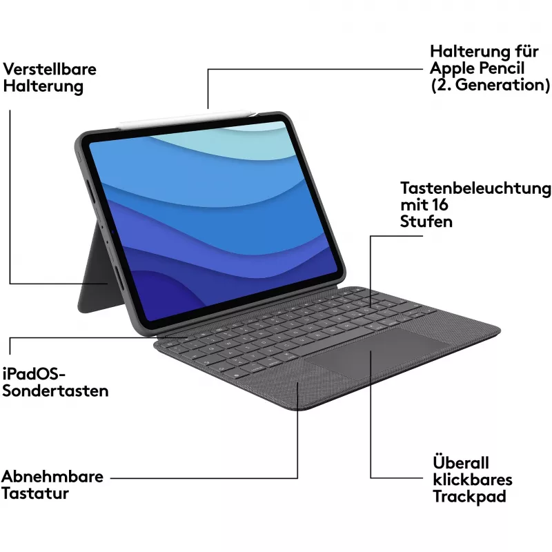 Case with keyboard Combo Touch US iPad Pro 11 1,2,3 Gen grey
