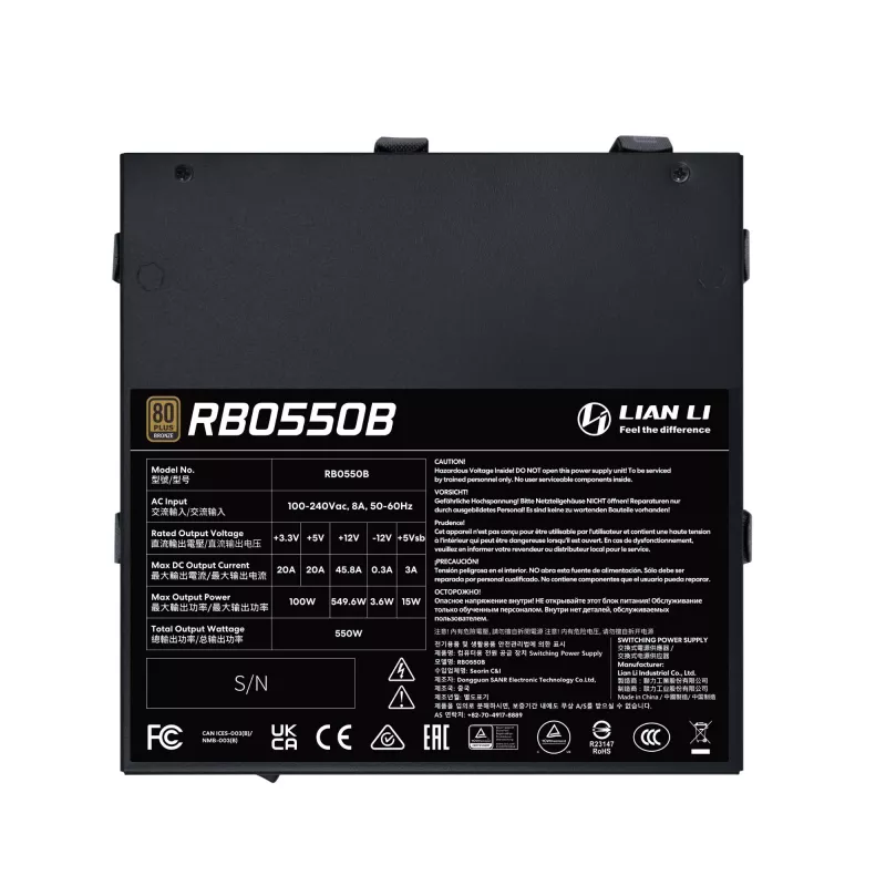 Power supply unit Lian Li RB0550B.B 550 W, 24-pin ATX, 80 PLUS Bronze, 135 mm fan, black