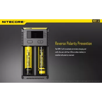 Battery Charger Nitecore NEW i2 — 2‑bay charger for LiFePO4, Li‑Ion, NiMH; input 100–240V; output 9–12V; supports AAAA/C/D/AAA/AA; black
