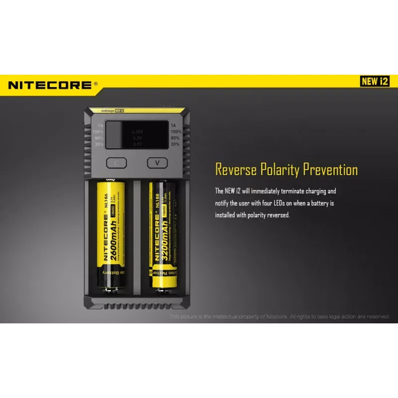 Battery Charger Nitecore NEW i2 — 2‑bay charger for LiFePO4, Li‑Ion, NiMH; input 100–240V; output 9–12V; supports AAAA/C/D/AAA/AA; black