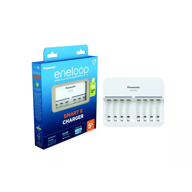 Indoor battery charger Panasonic BQ-CC63 — charges 8 AA/AAA, 100–240V, white