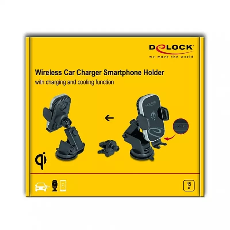 Active car holder DELOCK 66939 for mobile phones — suction cup mount, Black/Grey, wireless charging compatible