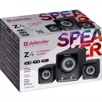 DEFENDER Z4 wired 2.1 speakers, 11 W RMS, black, USB 5V power, 3.5 mm headphone out