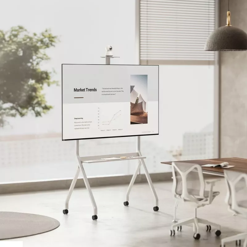 Floor TV stand MACLEAN MC-114 W for displays 55 inch–100 inch, white, VESA up to 900x600, max load 120 kg, height 115–152 cm, shelf