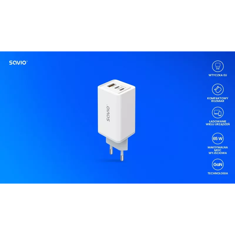 SAVIO LA-07 GaN 65W mains charger, USB, QC4.0+, PD 3.0, White