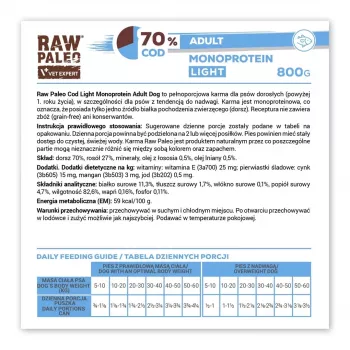 Wet dog food VETEXPERT Raw Paleo Cod Light Adult 800 g — canned, fish flavor, 11.3% protein, 1.7% fat